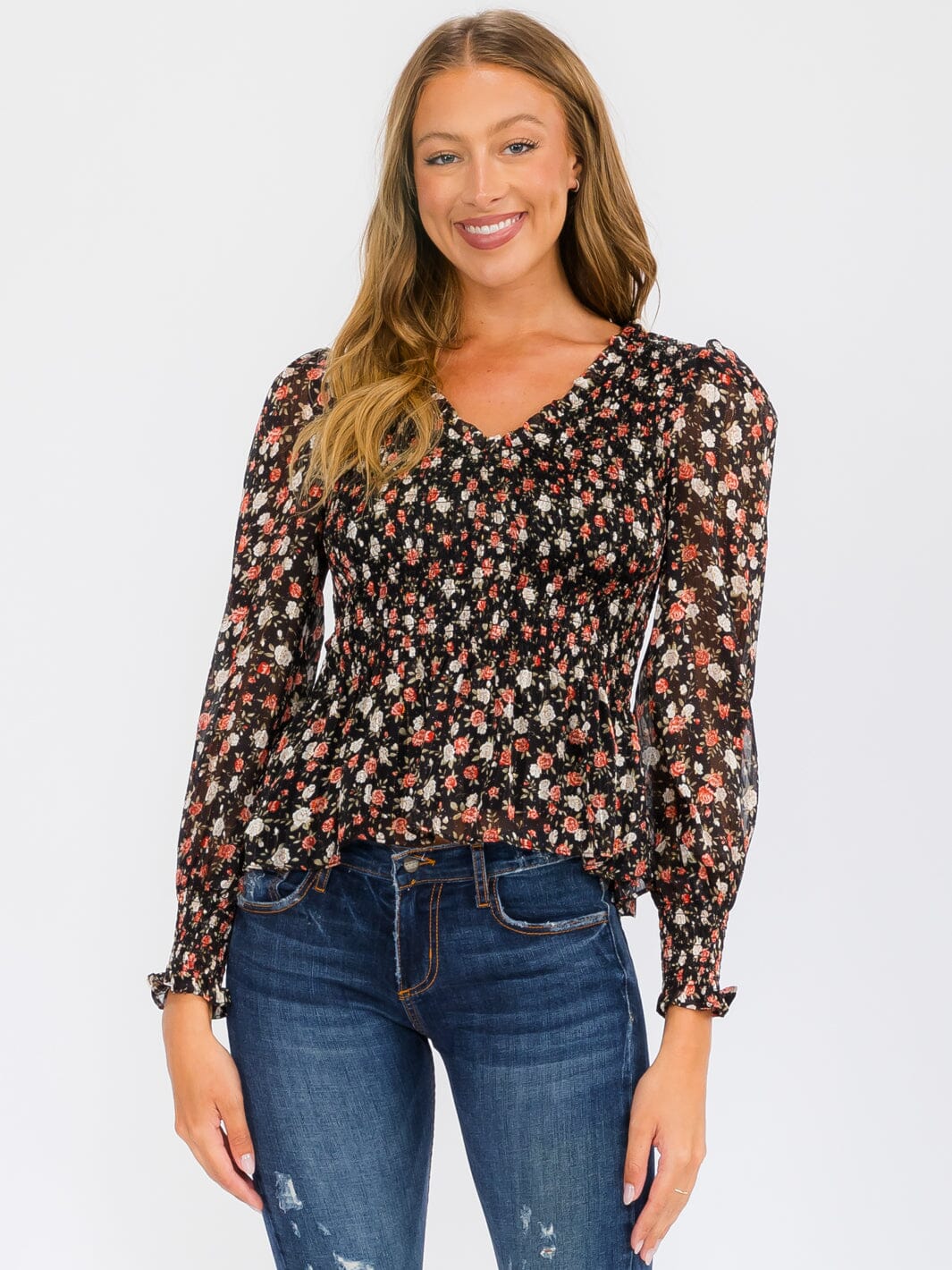 WOMEN'S LONG PUFF SLEEVE SMOCK V-NECK FLOWER PRINT BLOUSE TOP