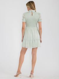 WOMEN'S SHORT SLEEVE TIERED SMOCK SWISS SHIMMER MINI DRESS