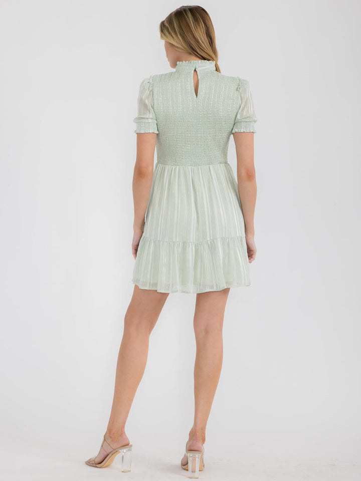 WOMEN'S SHORT SLEEVE TIERED SMOCK SWISS SHIMMER MINI DRESS