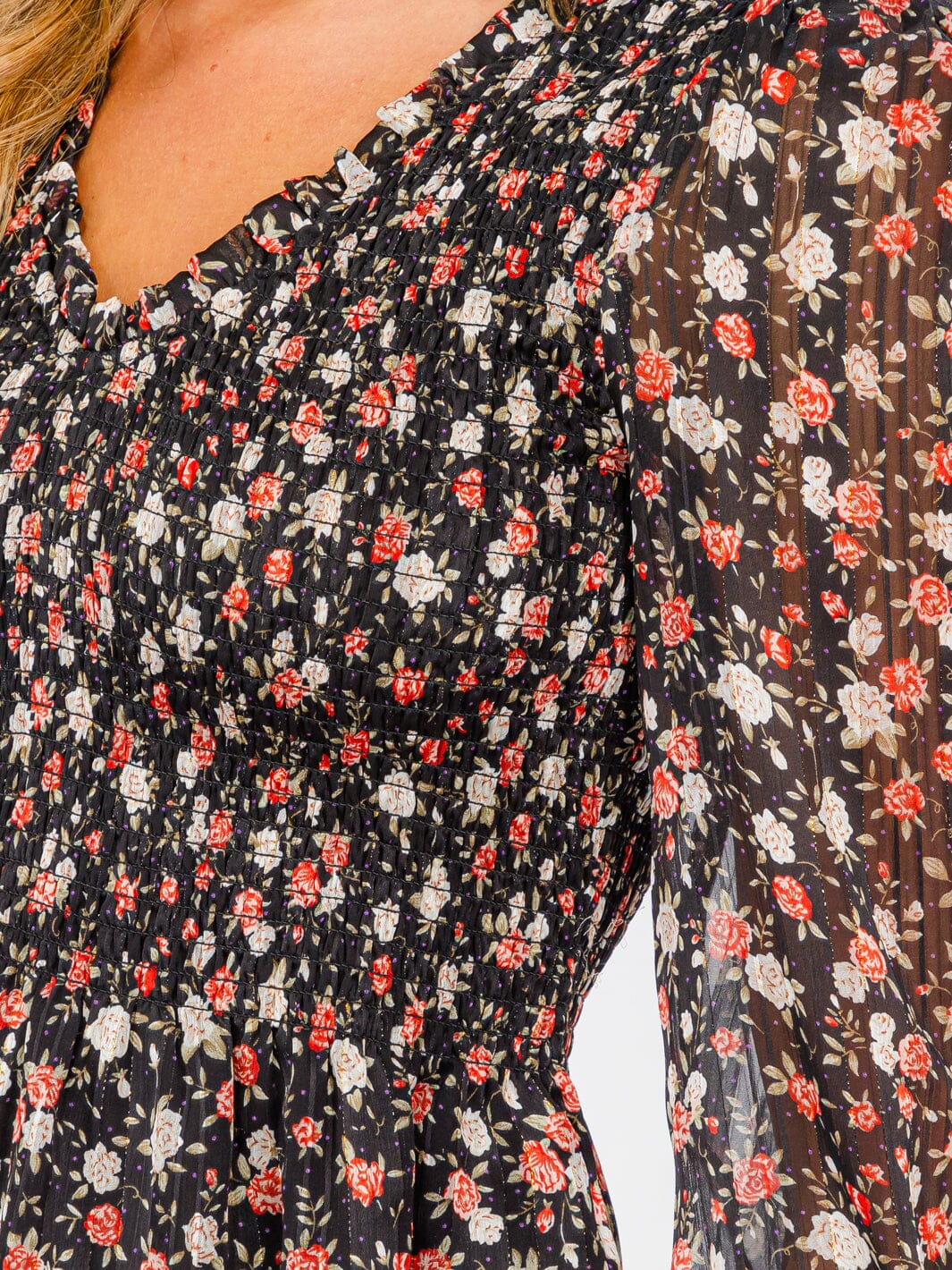 WOMEN'S LONG PUFF SLEEVE SMOCK V-NECK FLOWER PRINT BLOUSE TOP