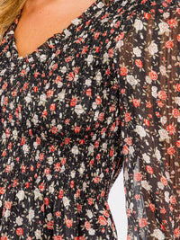 WOMEN'S LONG PUFF SLEEVE SMOCK V-NECK FLOWER PRINT BLOUSE TOP