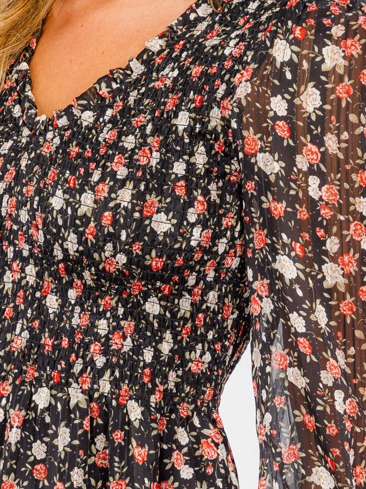 WOMEN'S LONG PUFF SLEEVE SMOCK V-NECK FLOWER PRINT BLOUSE TOP