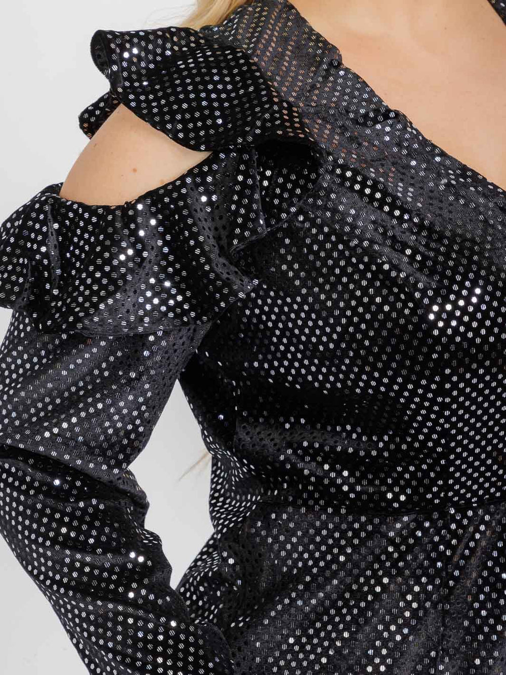 PLUS SIZE LONG SLEEVE CUT OUT RUFFLE SURPLICE SEQUINS MINI DRESS