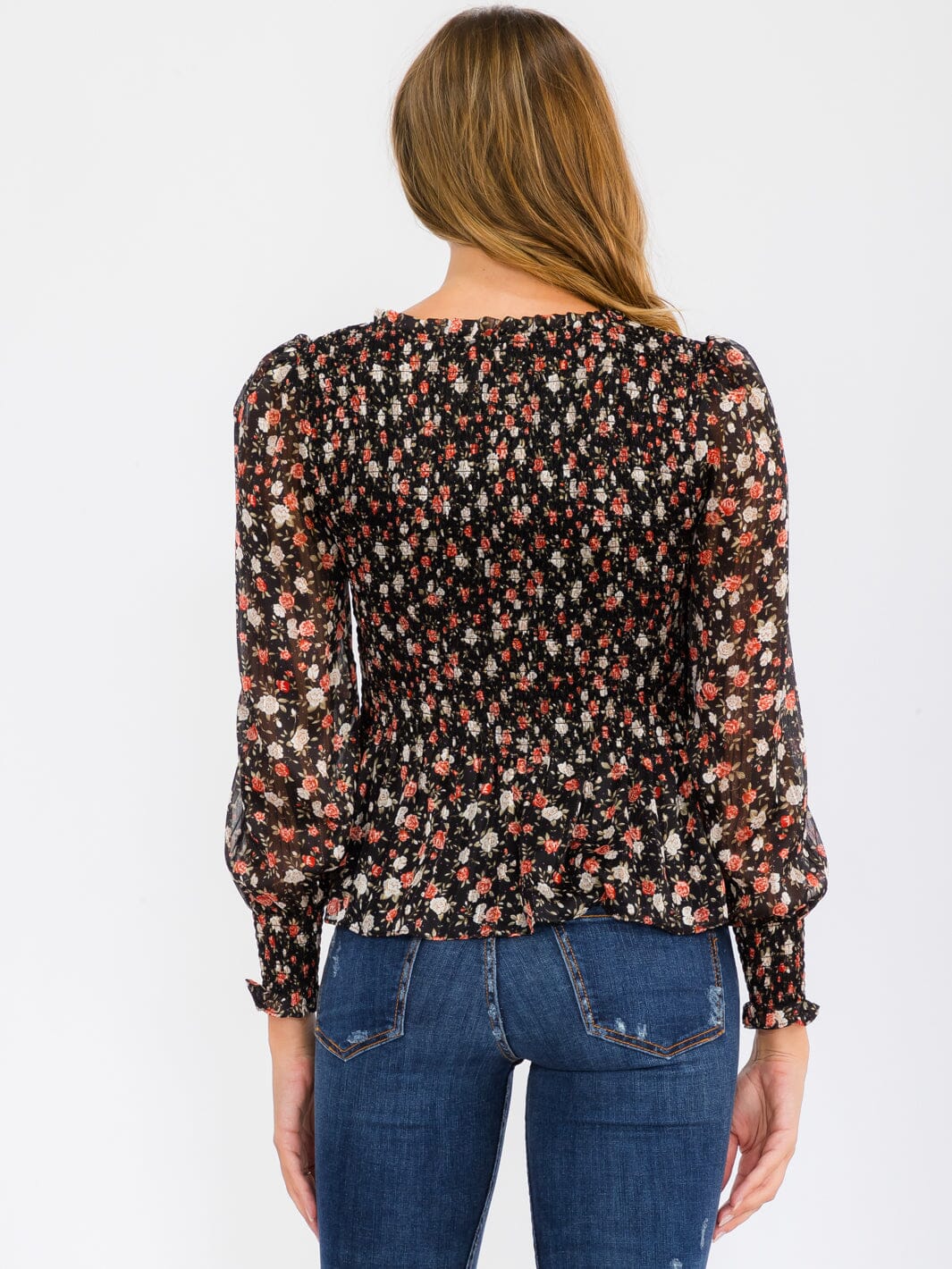 WOMEN'S LONG PUFF SLEEVE SMOCK V-NECK FLOWER PRINT BLOUSE TOP