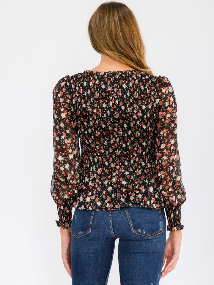 WOMEN'S LONG PUFF SLEEVE SMOCK V-NECK FLOWER PRINT BLOUSE TOP