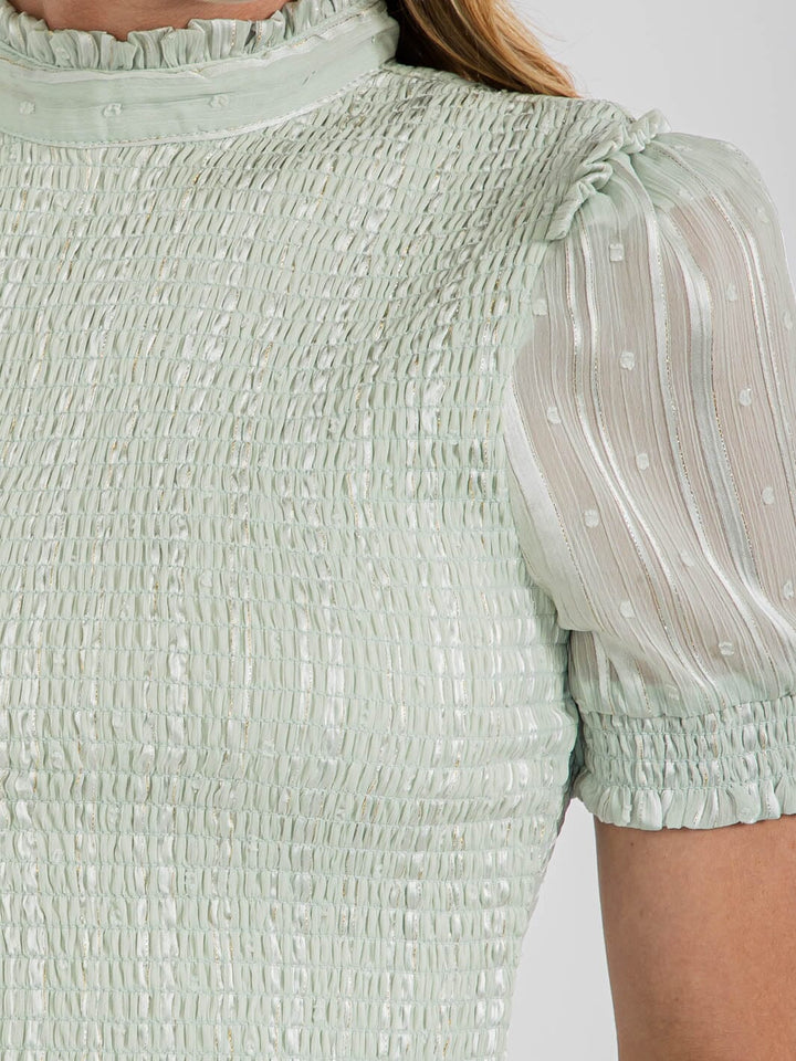 WOMEN'S SHORT SLEEVE TIERED SMOCK SWISS SHIMMER MINI DRESS