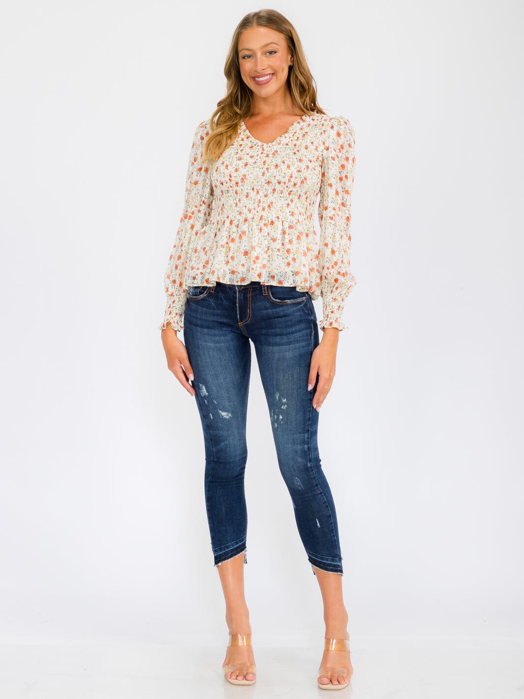 WOMEN'S LONG PUFF SLEEVE SMOCK V-NECK FLOWER PRINT BLOUSE TOP