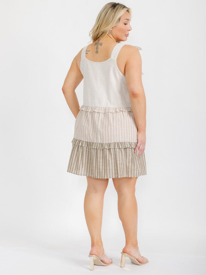 PLUS SIZE SLEEVELESS TIERED COLORBLOCK STRIPES TUNIC MINI DRESS