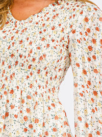 WOMEN'S LONG PUFF SLEEVE SMOCK V-NECK FLOWER PRINT BLOUSE TOP