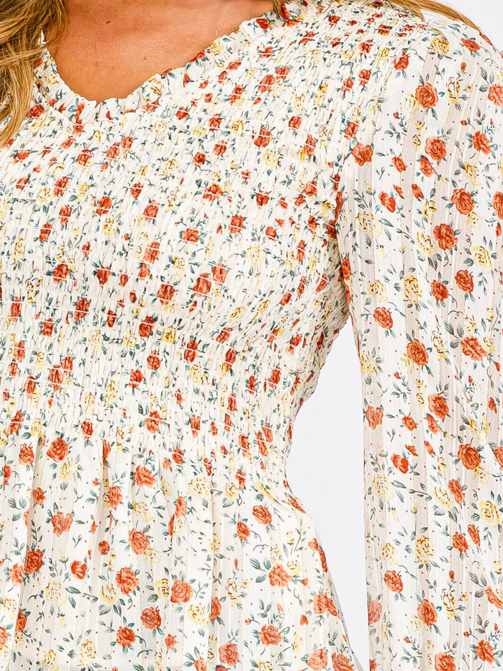 WOMEN'S LONG PUFF SLEEVE SMOCK V-NECK FLOWER PRINT BLOUSE TOP