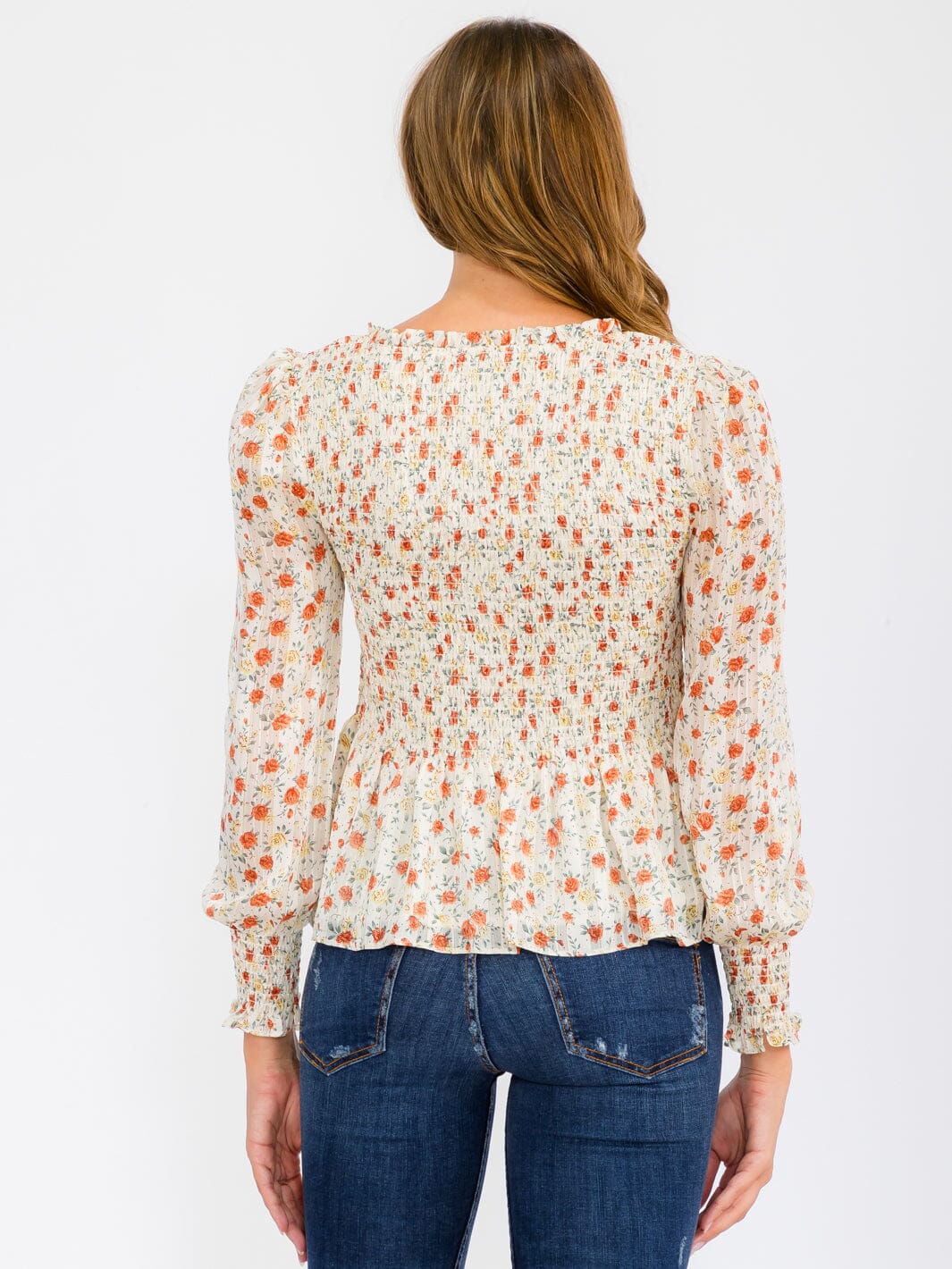 WOMEN'S LONG PUFF SLEEVE SMOCK V-NECK FLOWER PRINT BLOUSE TOP