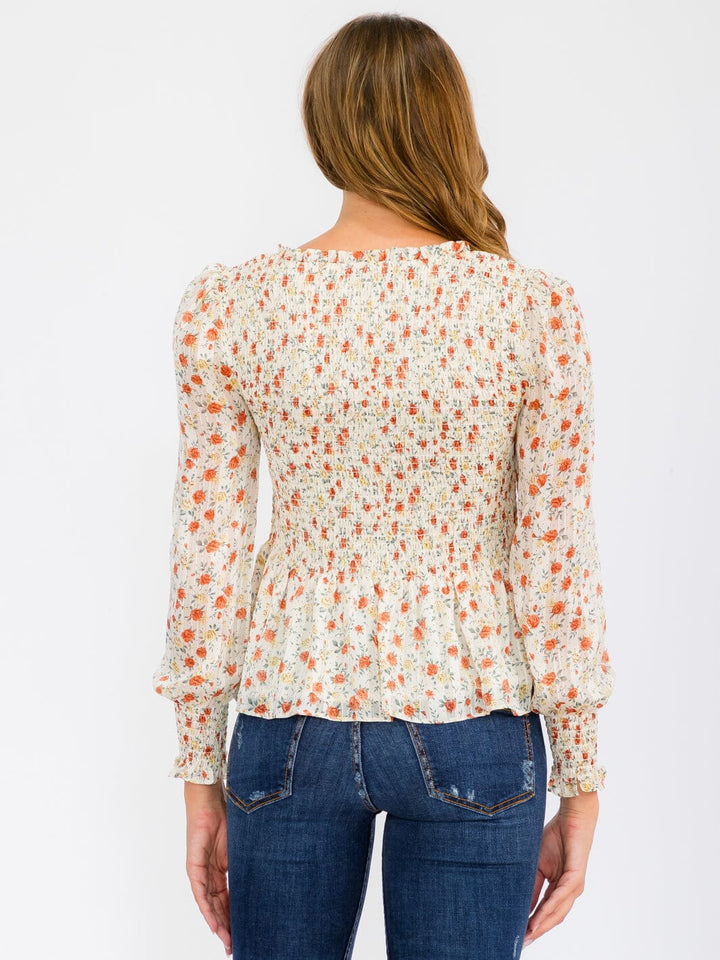 WOMEN'S LONG PUFF SLEEVE SMOCK V-NECK FLOWER PRINT BLOUSE TOP