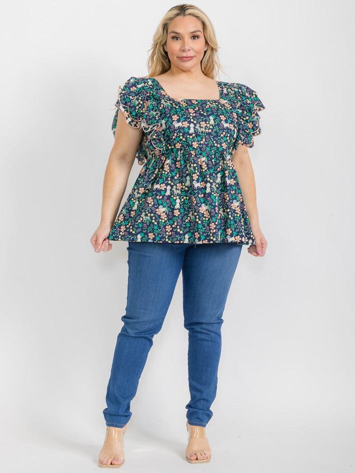 PLUS SIZE SHORT RUFFLE SLEEVE SQUARE NECK SMOCK FLORAL TUNIC BLOUSE