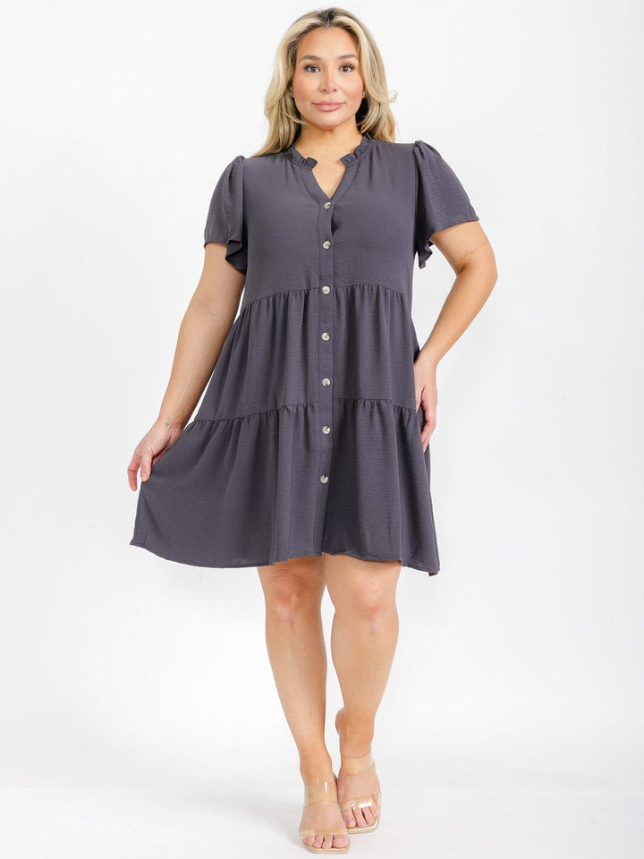PLUS SIZE SHORT SLEEVE BUTTON UP TIERED FRONT POCKETS MINI DRESS