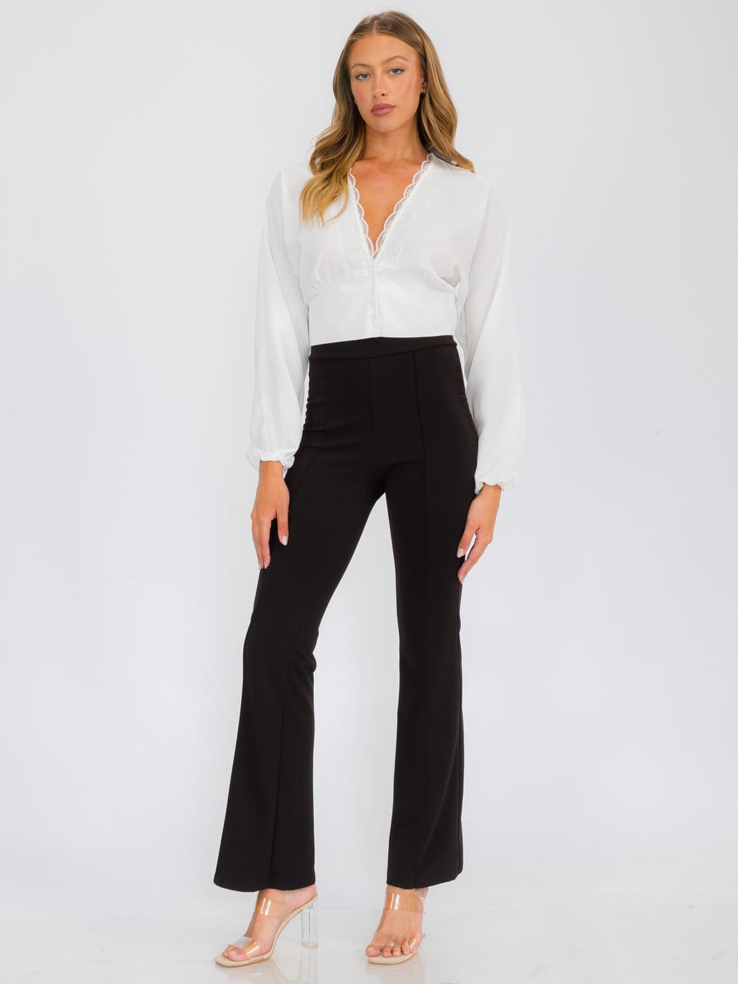 WOMEN'S LONG SLEEVE V-NECK BUTTON UP BLOUSE TOP