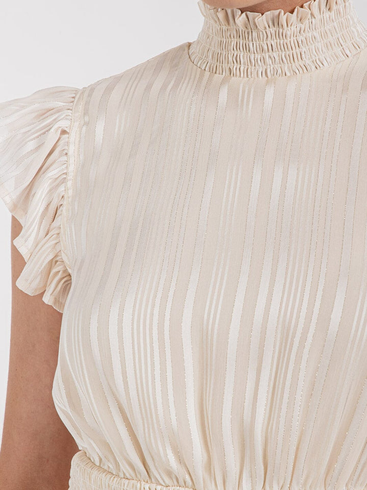 WOMEN'S RUFFLE SLEEVE TIERED SMOCK WAIST SHIMMER MINI DRESS
