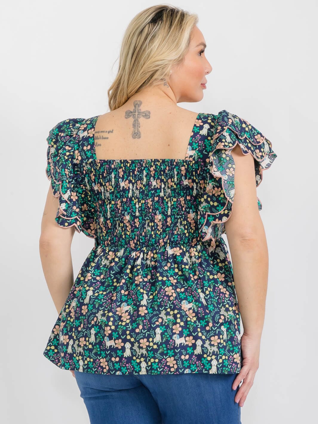 PLUS SIZE SHORT RUFFLE SLEEVE SQUARE NECK SMOCK FLORAL TUNIC BLOUSE