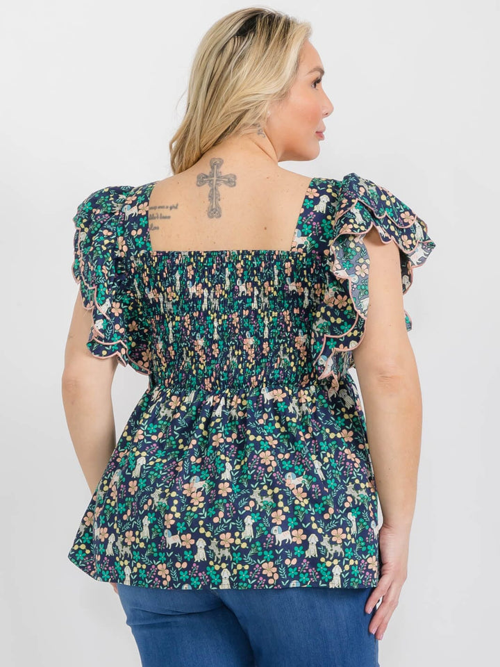PLUS SIZE SHORT RUFFLE SLEEVE SQUARE NECK SMOCK FLORAL TUNIC BLOUSE
