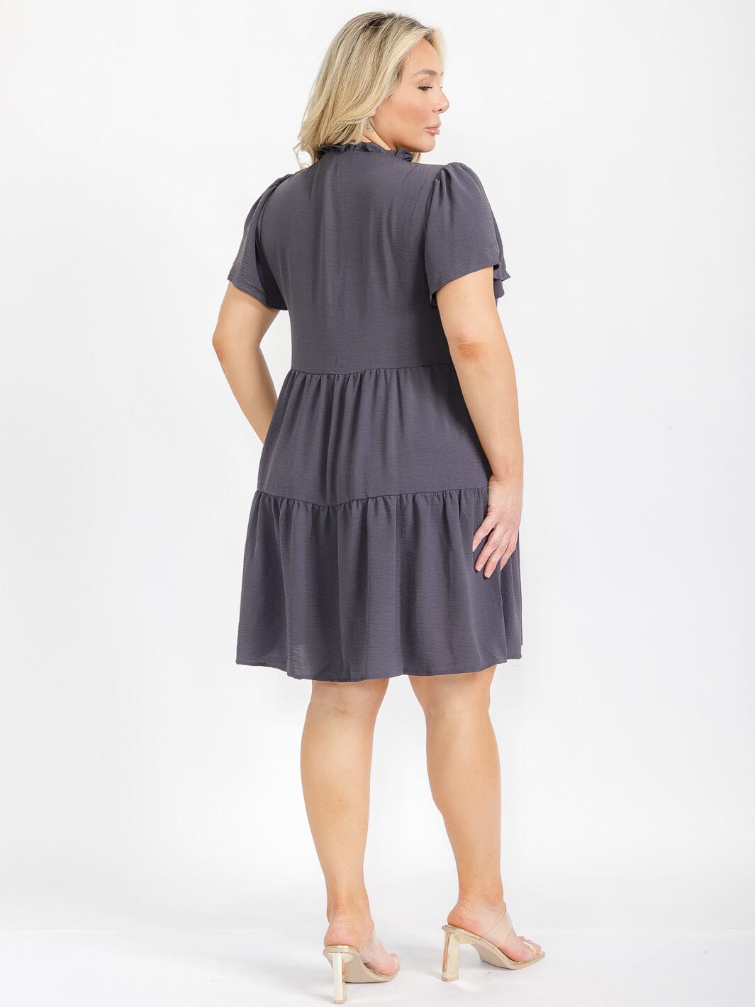 PLUS SIZE SHORT SLEEVE BUTTON UP TIERED FRONT POCKETS MINI DRESS
