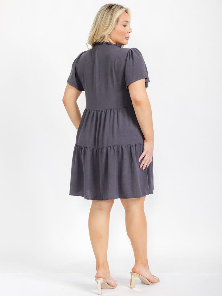 PLUS SIZE SHORT SLEEVE BUTTON UP TIERED FRONT POCKETS MINI DRESS
