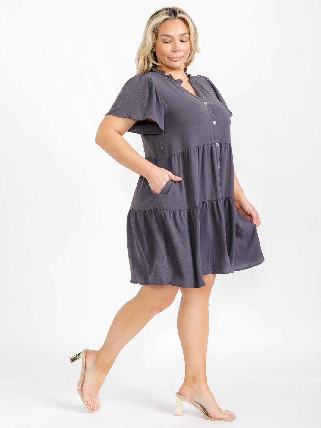 PLUS SIZE SHORT SLEEVE BUTTON UP TIERED FRONT POCKETS MINI DRESS