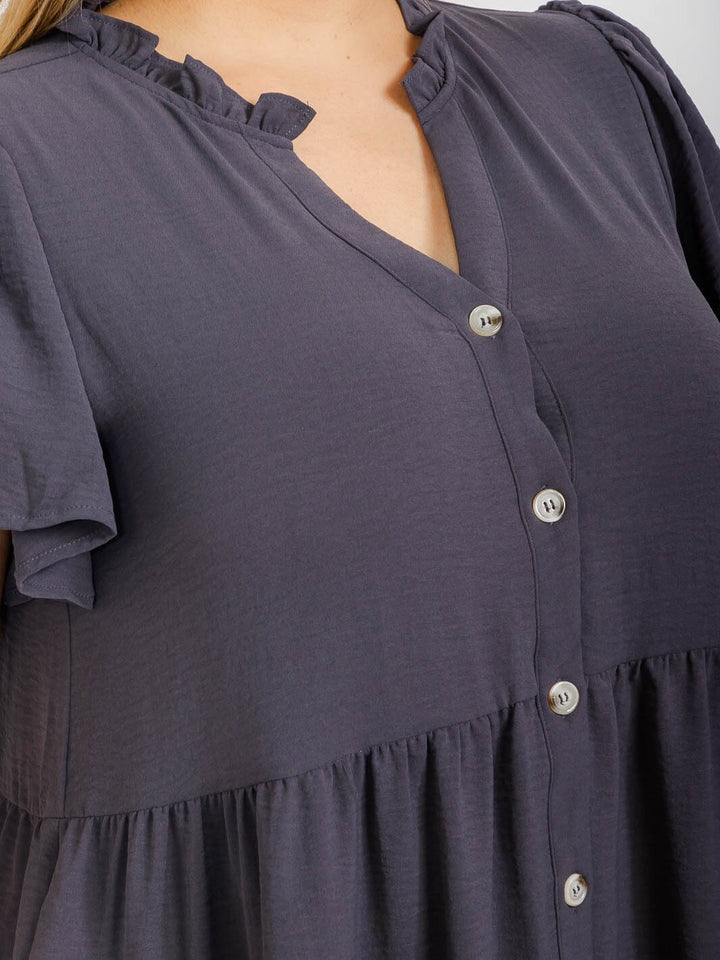 PLUS SIZE SHORT SLEEVE BUTTON UP TIERED FRONT POCKETS MINI DRESS