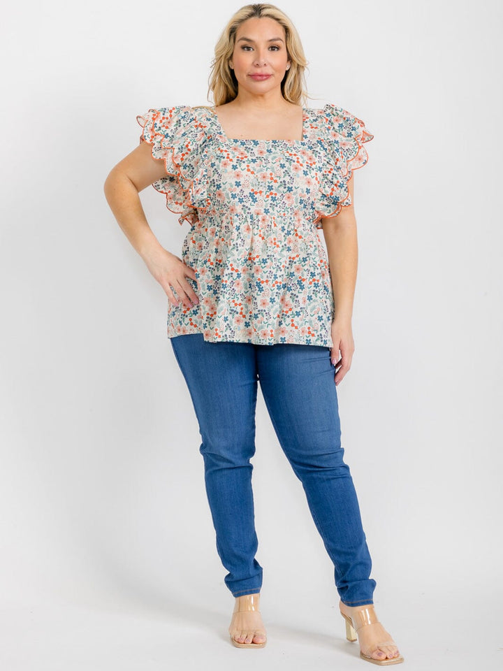 PLUS SIZE SHORT RUFFLE SLEEVE SQUARE NECK SMOCK FLORAL TUNIC BLOUSE