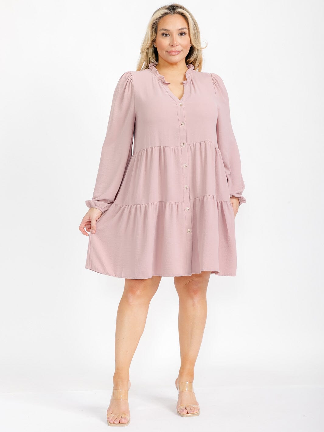 PLUS SIZE LONG SLEEVE TIERED FRONT POCKETS BUTTON UP TUNIC MINI DRESS