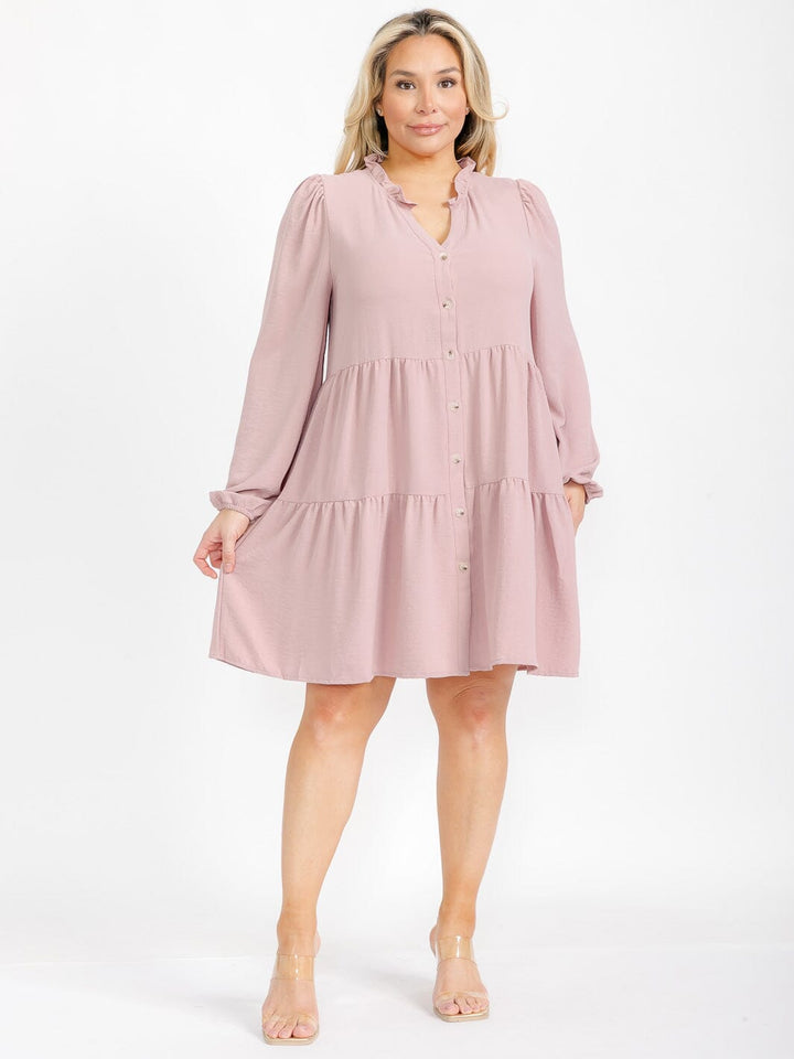 PLUS SIZE LONG SLEEVE TIERED FRONT POCKETS BUTTON UP TUNIC MINI DRESS