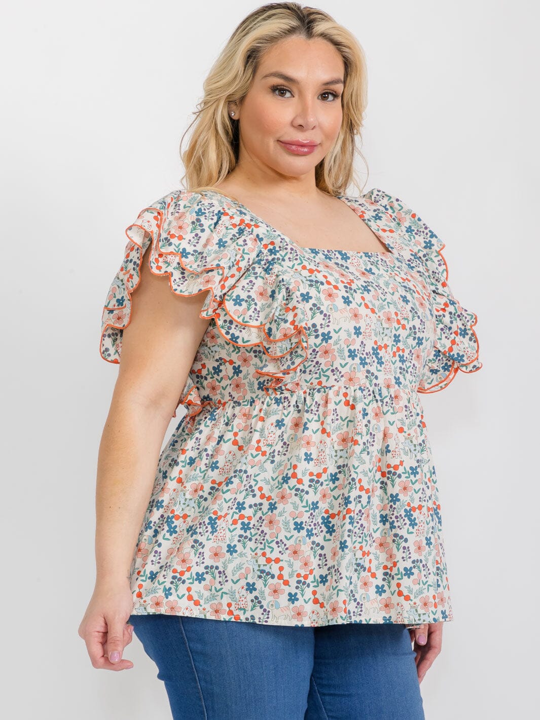 PLUS SIZE SHORT RUFFLE SLEEVE SQUARE NECK SMOCK FLORAL TUNIC BLOUSE