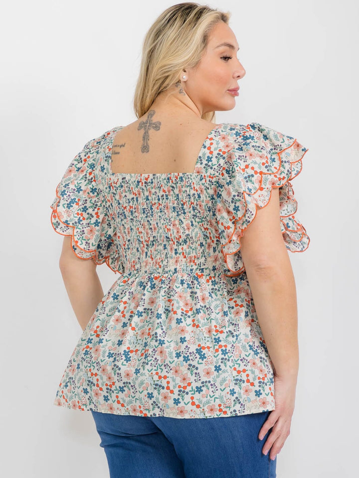 PLUS SIZE SHORT RUFFLE SLEEVE SQUARE NECK SMOCK FLORAL TUNIC BLOUSE