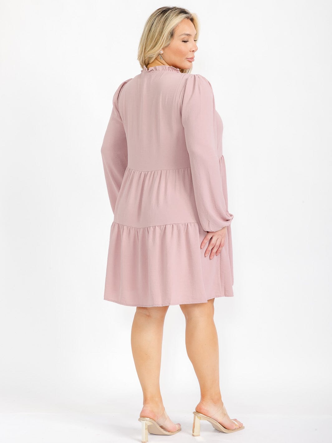 PLUS SIZE LONG SLEEVE TIERED FRONT POCKETS BUTTON UP TUNIC MINI DRESS