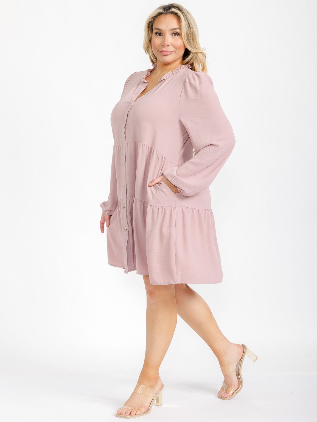 PLUS SIZE LONG SLEEVE TIERED FRONT POCKETS BUTTON UP TUNIC MINI DRESS
