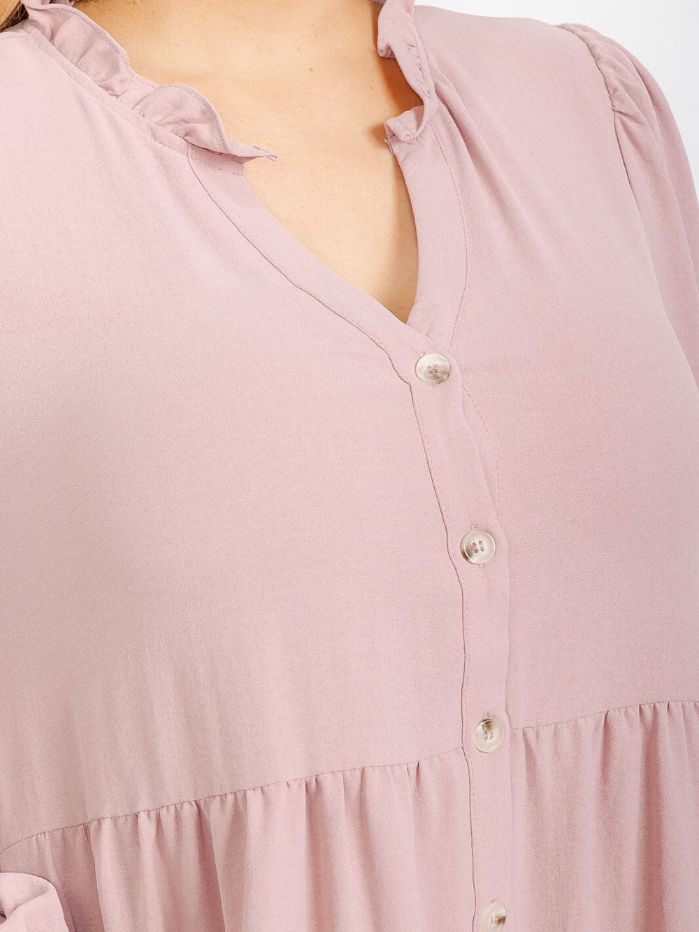PLUS SIZE LONG SLEEVE TIERED FRONT POCKETS BUTTON UP TUNIC MINI DRESS