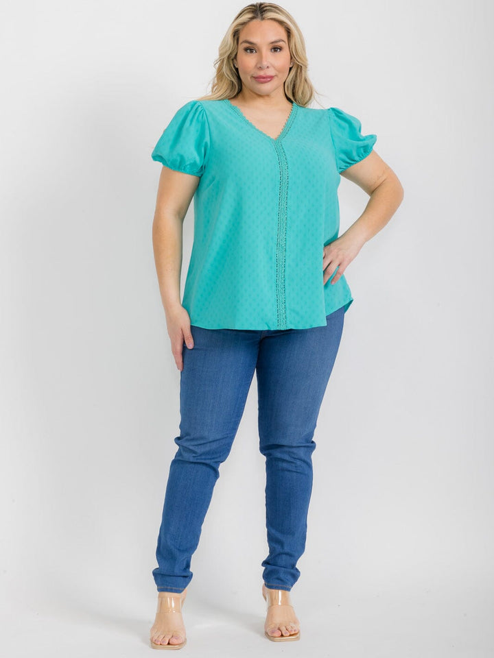 PLUS SIZE SHORT SLEEVE V-NECK TRIM DETAILED TUNIC BLOUSE