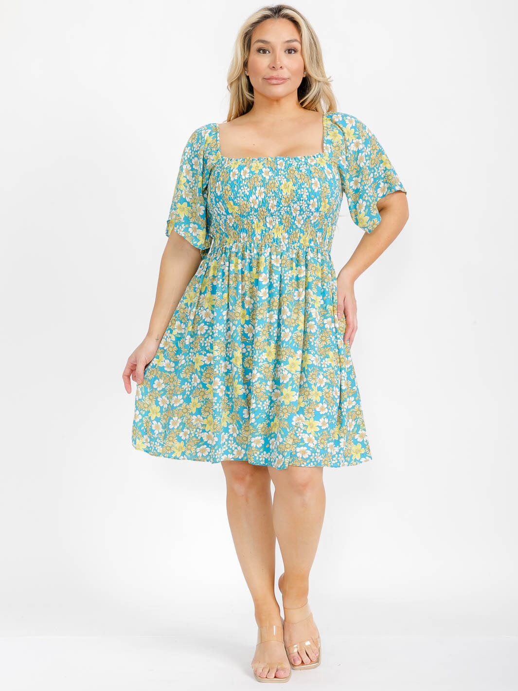 PLUS SIZE SHORT SLEEVE SQUARE NECK SMOCK FLOAL MINI DRESS