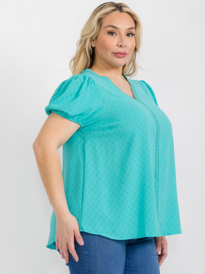PLUS SIZE SHORT SLEEVE V-NECK TRIM DETAILED TUNIC BLOUSE