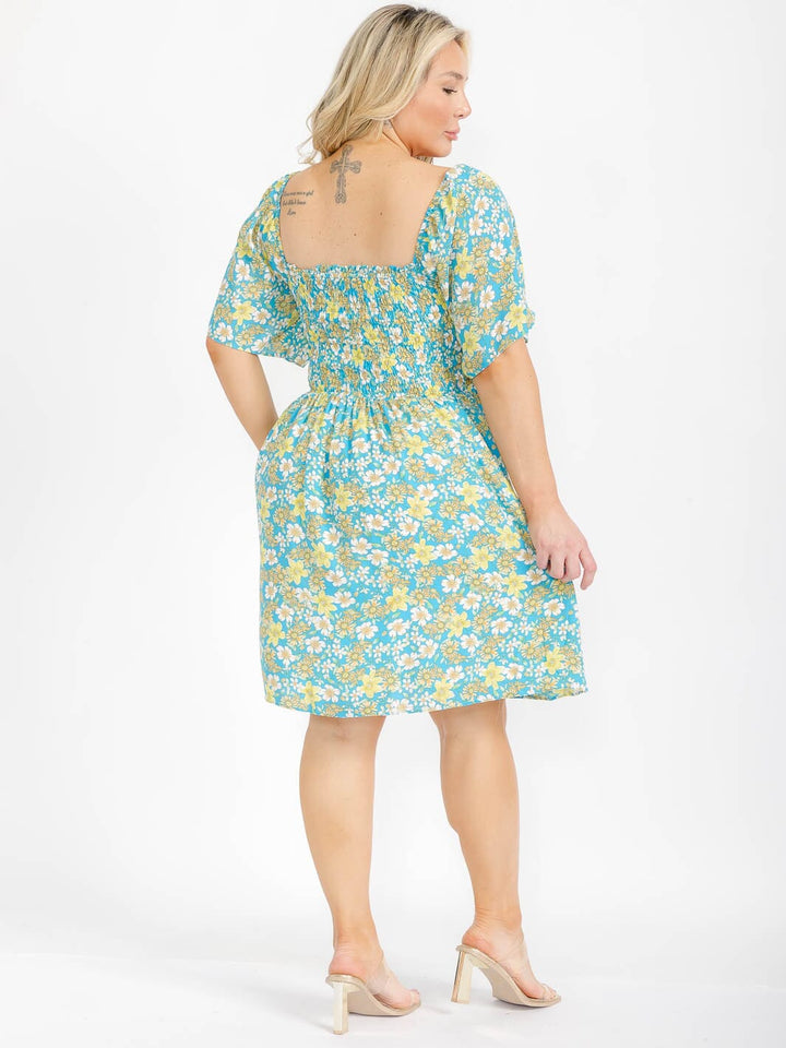 PLUS SIZE SHORT SLEEVE SQUARE NECK SMOCK FLOAL MINI DRESS