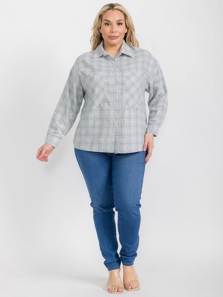 PLUS SIZE LONG SLEEVE BUTTON UP FRONT POCKET PLAID TOP