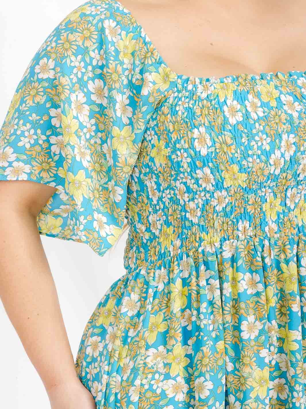 PLUS SIZE SHORT SLEEVE SQUARE NECK SMOCK FLOAL MINI DRESS