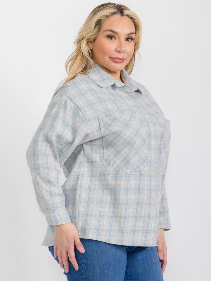 PLUS SIZE LONG SLEEVE BUTTON UP FRONT POCKET PLAID TOP