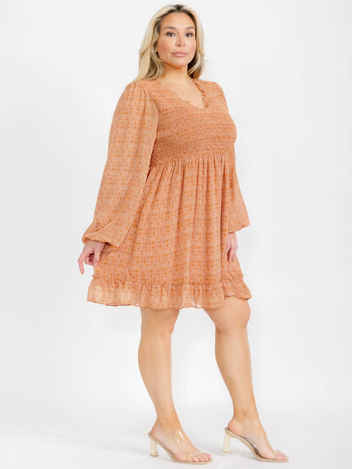 PLUS SIZE LONG SLEEVE SMOCK V-NECK PRINT MINI DRESS