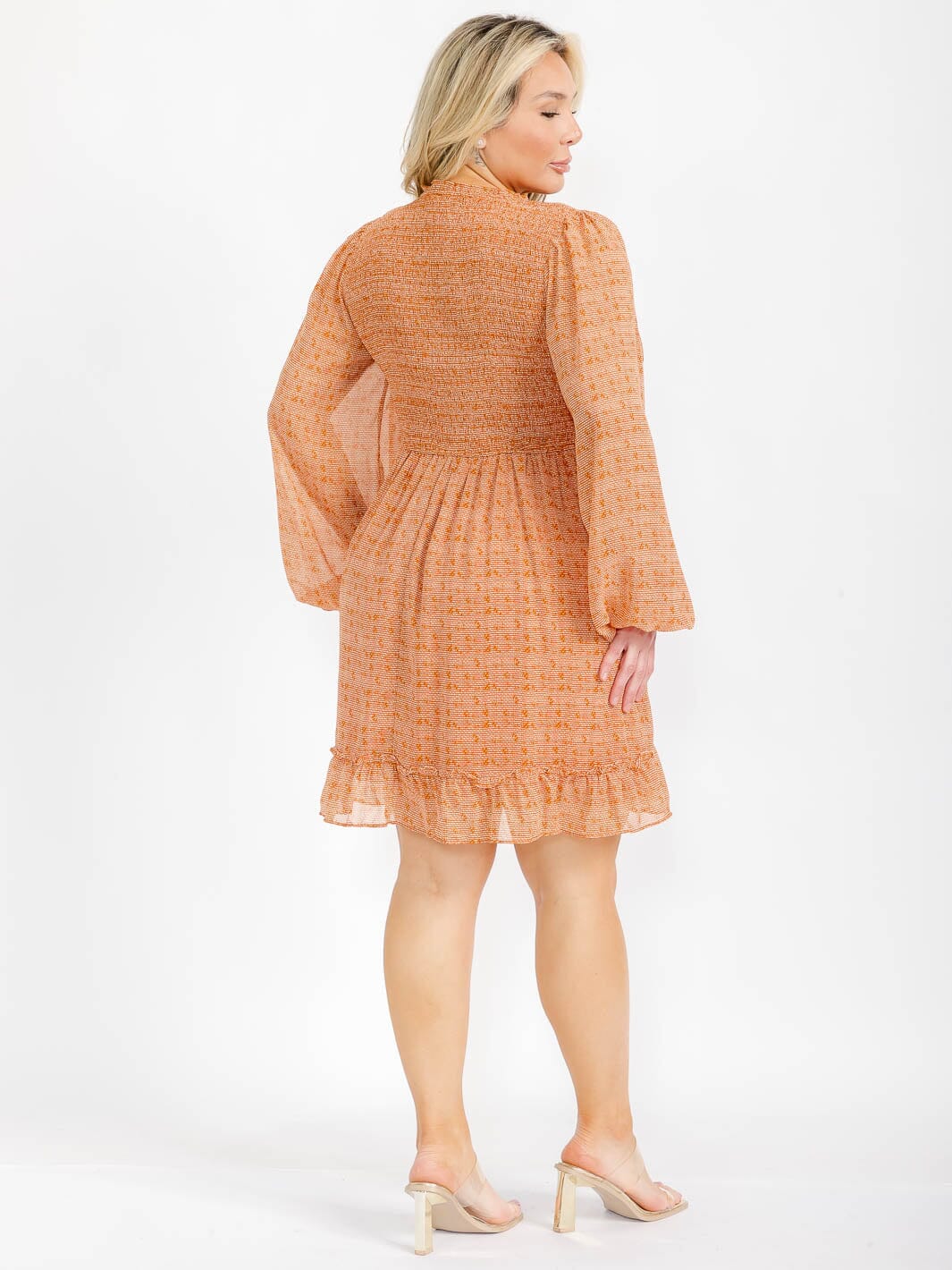PLUS SIZE LONG SLEEVE SMOCK V-NECK PRINT MINI DRESS
