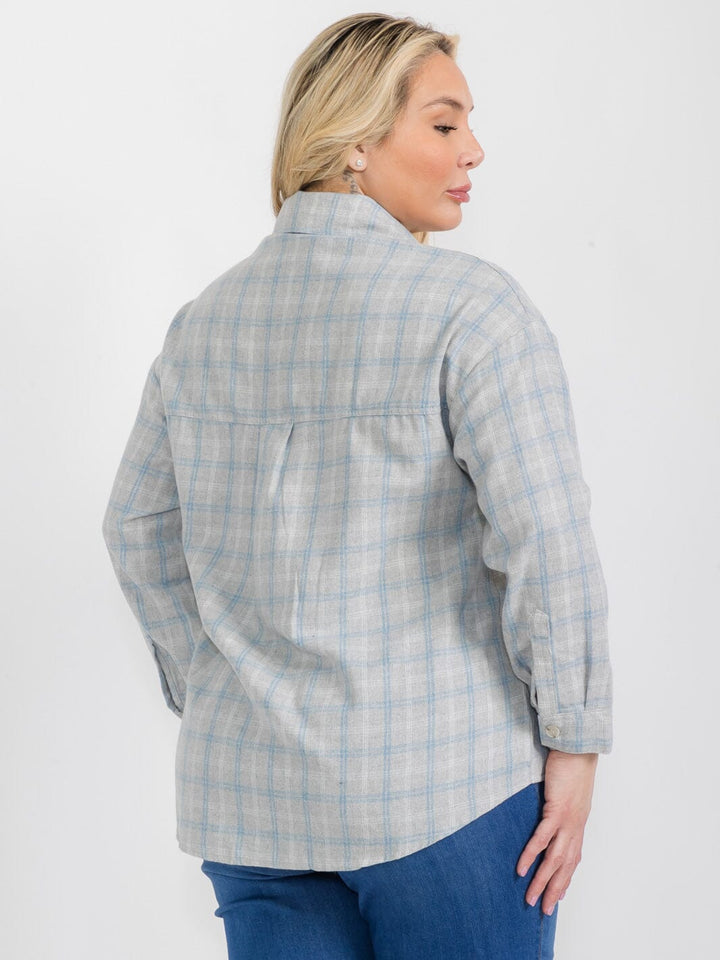 PLUS SIZE LONG SLEEVE BUTTON UP FRONT POCKET PLAID TOP