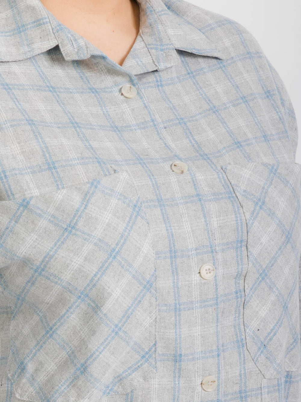 PLUS SIZE LONG SLEEVE BUTTON UP FRONT POCKET PLAID TOP