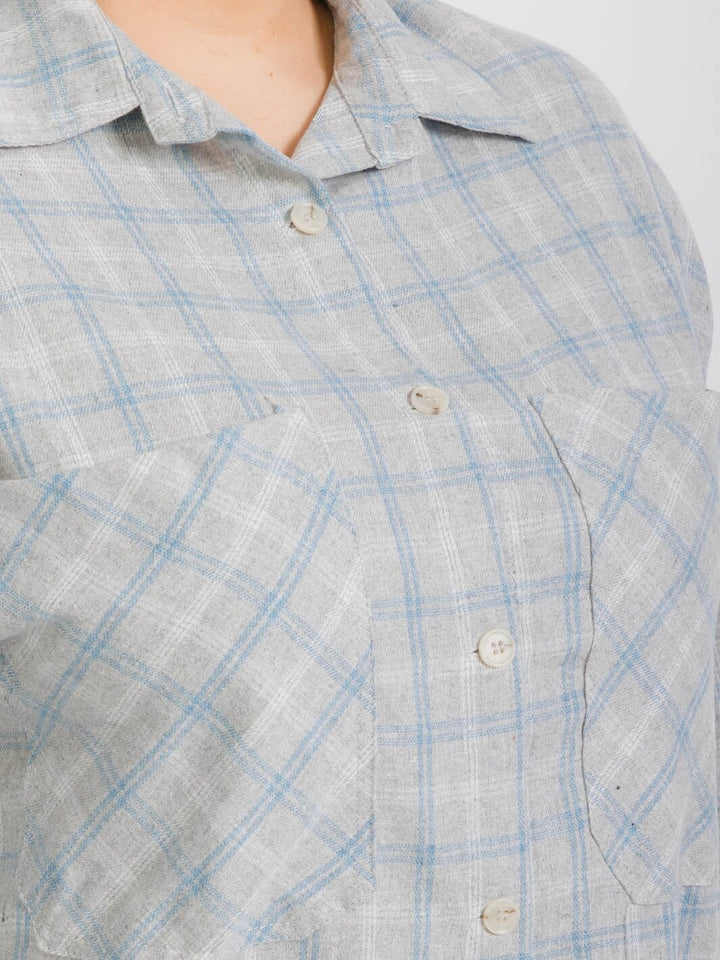 PLUS SIZE LONG SLEEVE BUTTON UP FRONT POCKET PLAID TOP