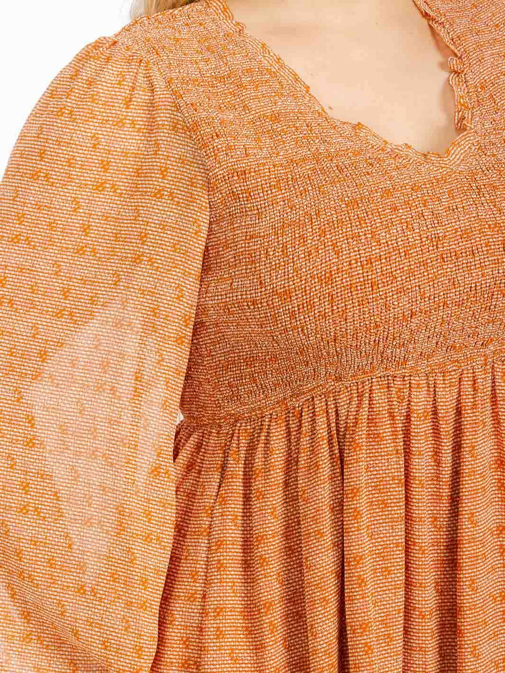 PLUS SIZE LONG SLEEVE SMOCK V-NECK PRINT MINI DRESS