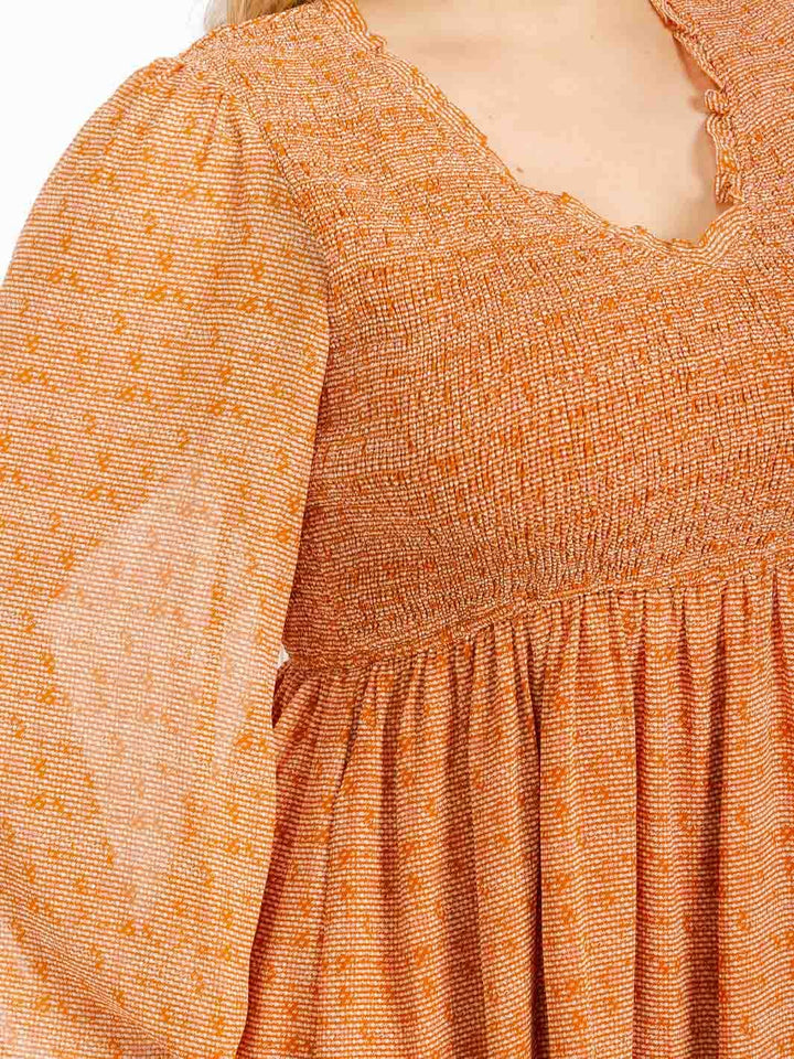 PLUS SIZE LONG SLEEVE SMOCK V-NECK PRINT MINI DRESS
