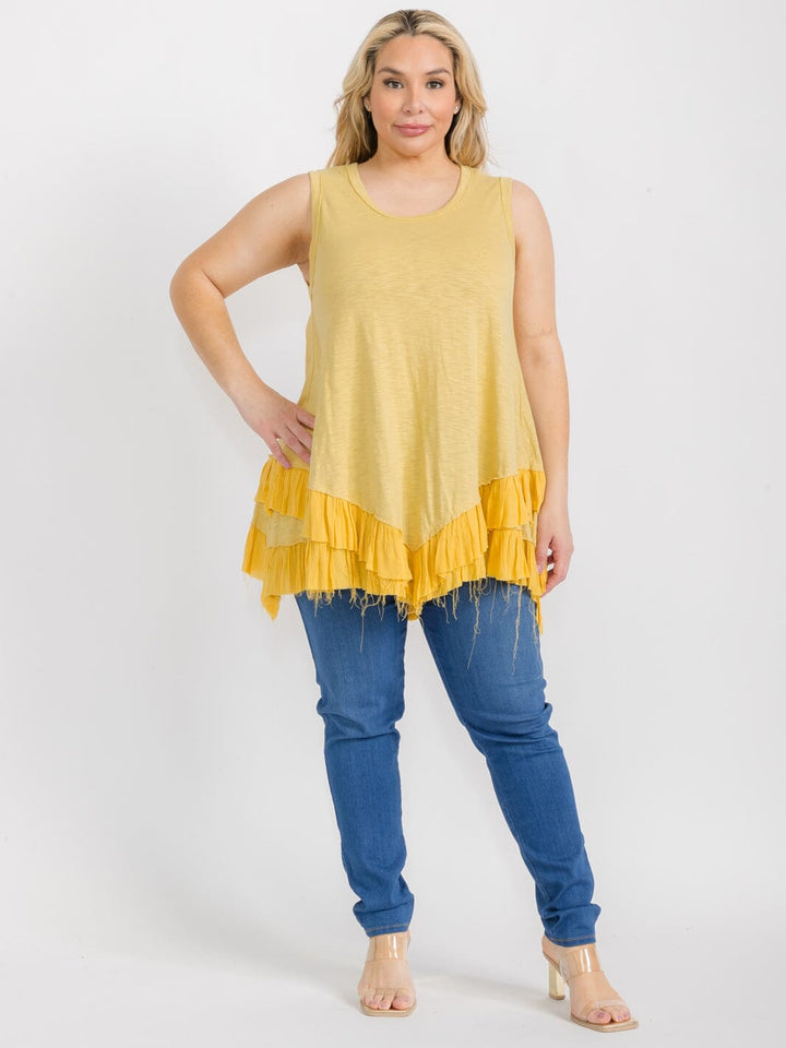 PLUS SIZE SLEEVELESS TIERED RUFFLE RAW EDGE TUNIC TANK TOP