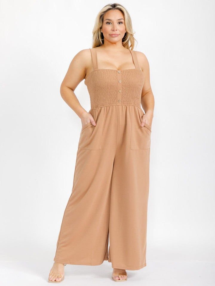 PLUS SIZE SLEEVELESS SQUARE NECK FRONT POCJETS SMOCK JUMPSUIT